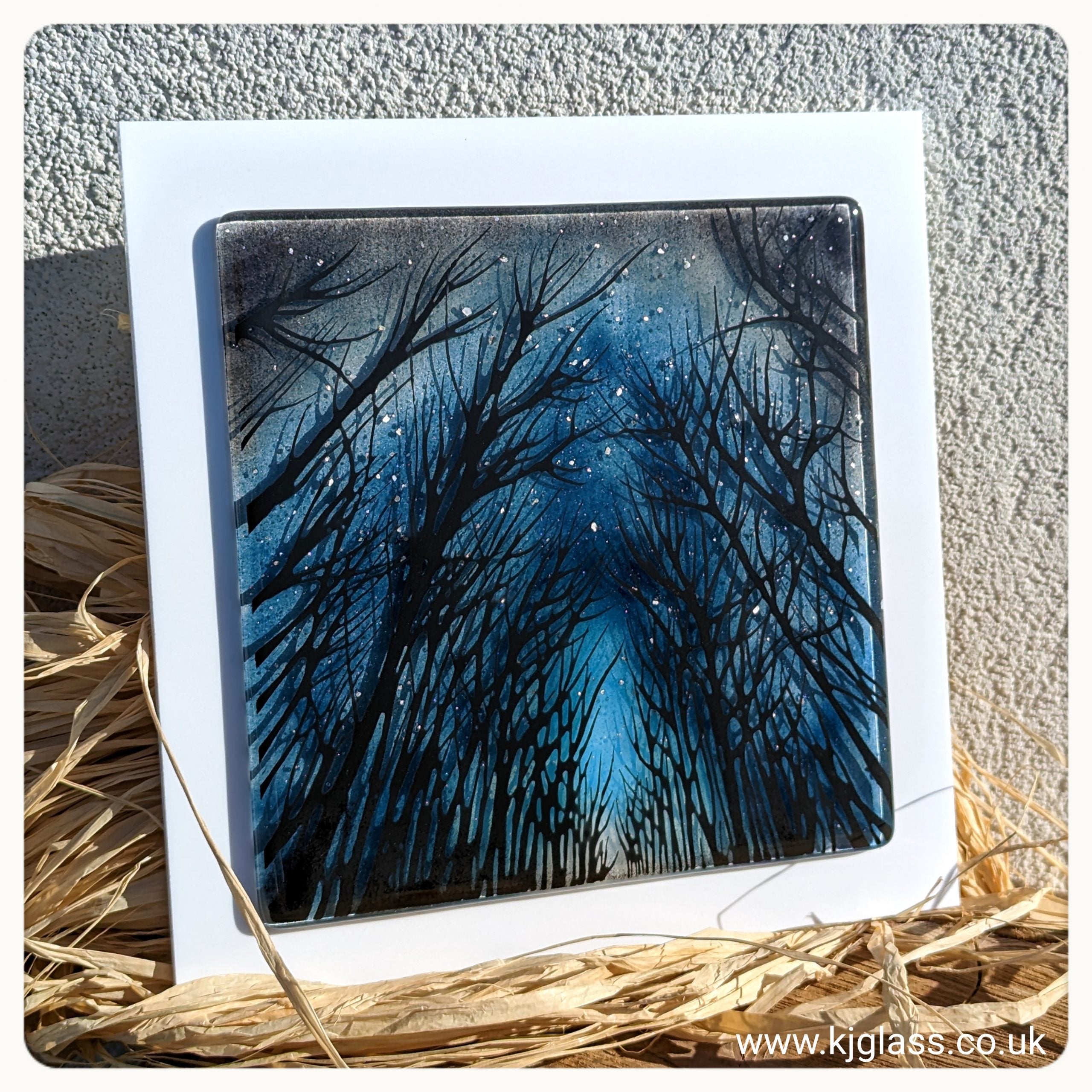 A fabulous art piece depicting a lovely starry night sky looking out from a forest of trees. Trapping glitter stars and powdered blue glass.